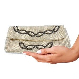 Hand Beaded Clutch Purse Pearl Off‎ White Cream Gray Black Beads Chain Link